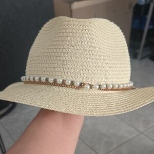 Juicy Couture Cream Straw Hat with Pearl Accent